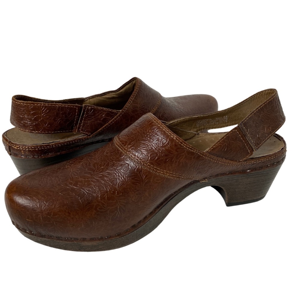 Dansko Floral embossed Brown Leather Slip on Strap Clogs (10) - Picture 6 of 9